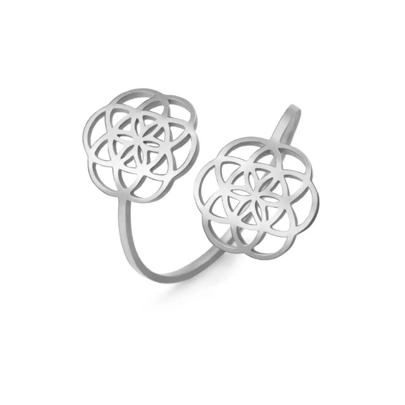 Bague Fleur de vie en Acier Inoxydable ajustable de couleur argent