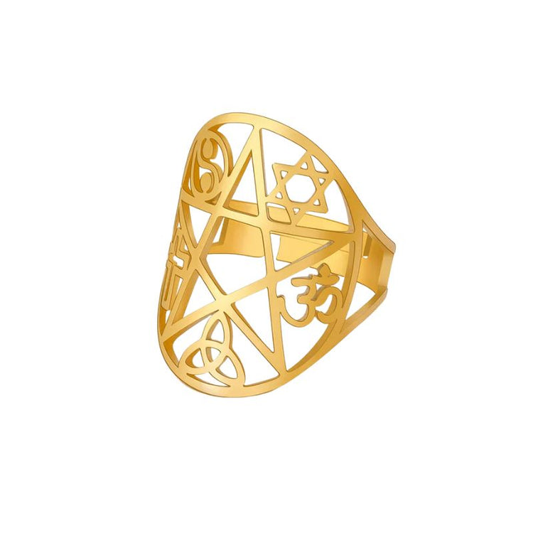 Bague Pentagramme en acier inoxydable finition or