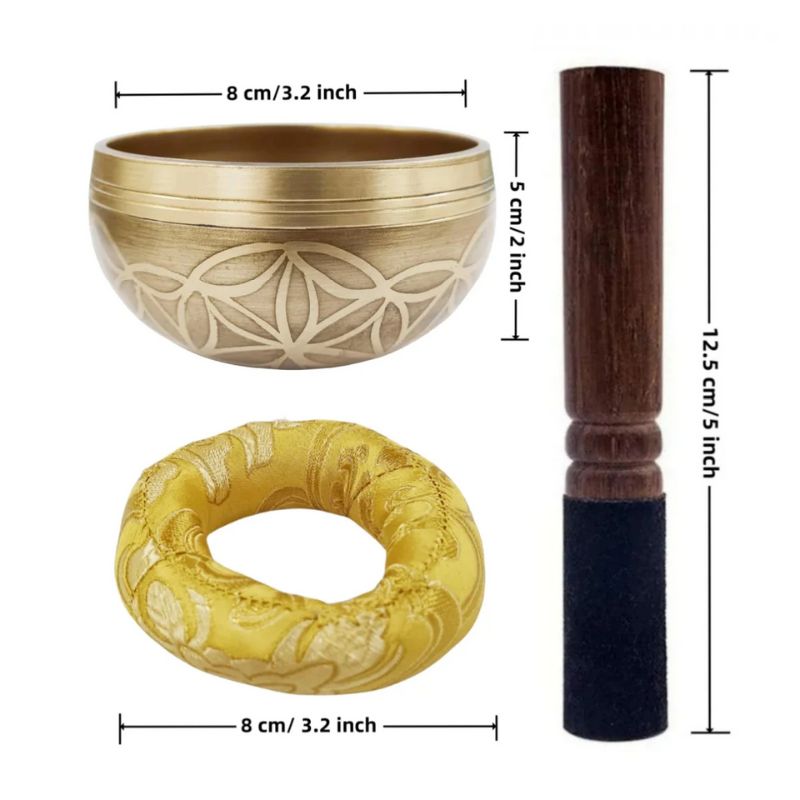 Bol Tibétain Chantant Fleur de vie en 7 métaux avec dimensions détaillées : maillet en bois et coussin inclus.