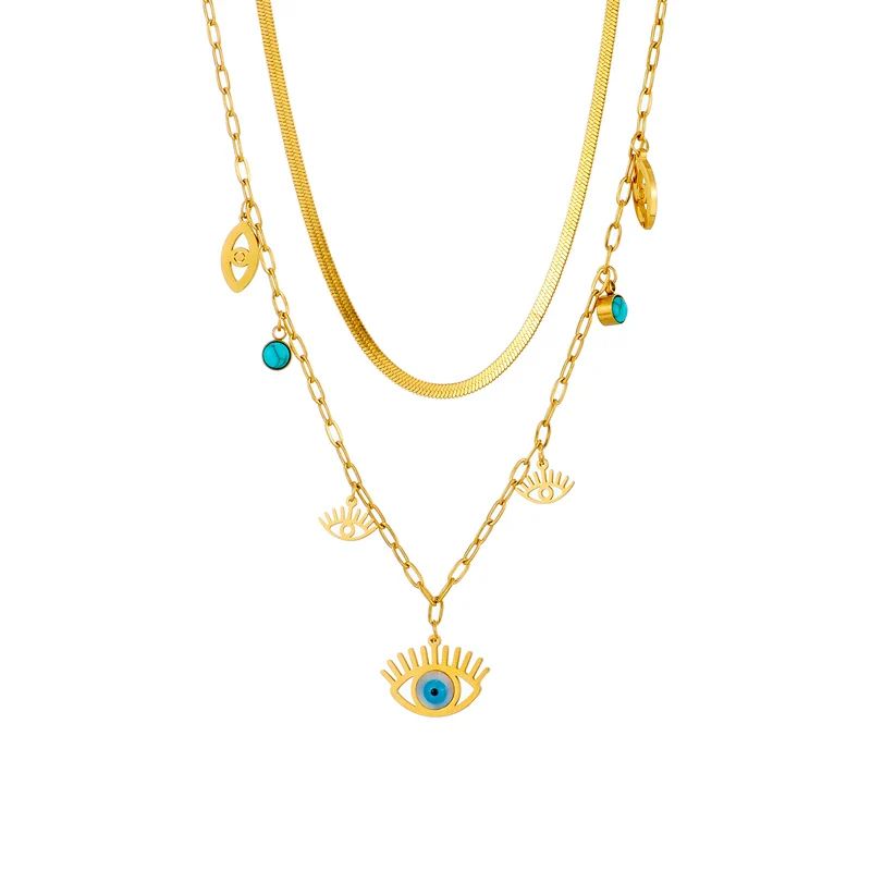 Collier Oeil Bleu en or à plusieurs rangs avec pendentifs protecteurs