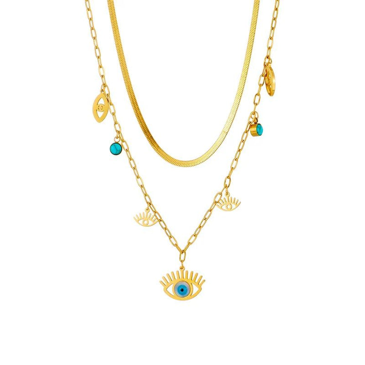 Collier Oeil Bleu en or à plusieurs rangs avec pendentifs protecteurs