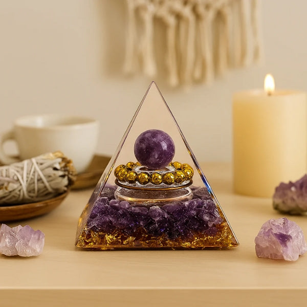 Orgonite pyramide de protection en améthyste sur autel spirituel.