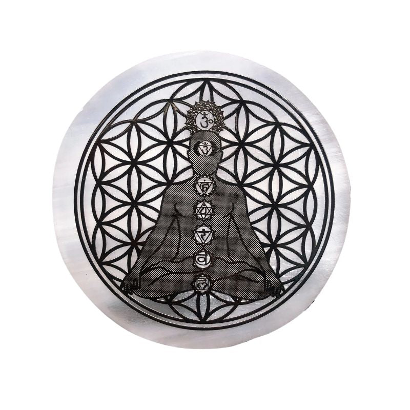 Plaque Sélénite de Recharge avec motif fleur de vie noir pour la méditation