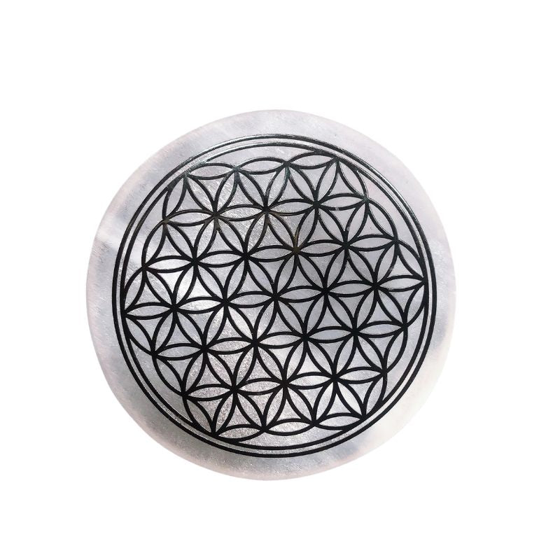 Plaque en sélénite Fleur de Vie complète noir (6 cm) pour recharge énergétique