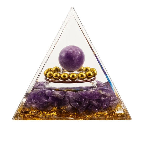 Pyramide orgonite protection avec sphère d’améthyste et perles dorées