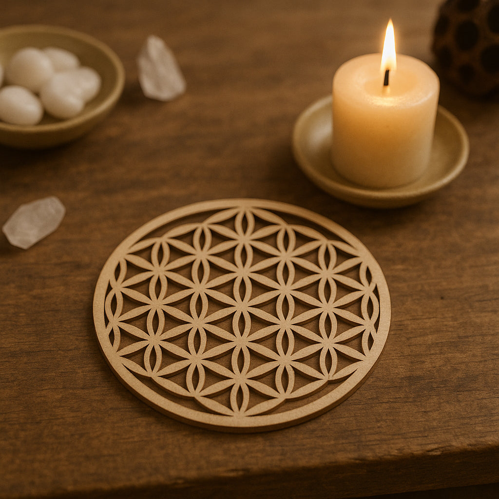 Sous-verre en bois 10 cm avec motif Fleur de Vie, posé sur une table en bois brut, ambiance zen avec bougie et pierres naturelles