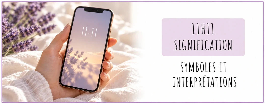 Téléphone affichant 11:11 et titre 11h11 signification dans un encart lavande