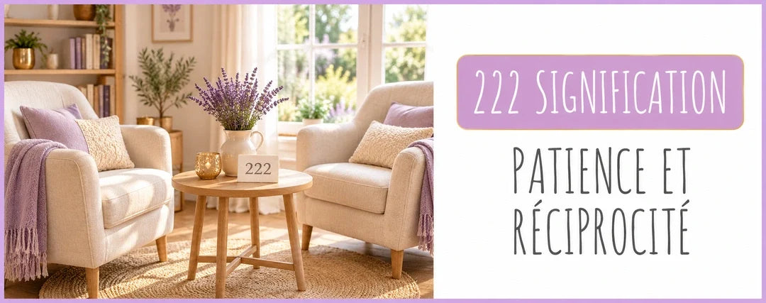 Deux fauteuils et titre 222 signification dans un encart lavande