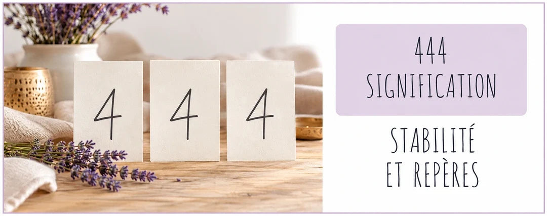 Trois cartes portant le chiffre 4 et titre 444 signification dans un encart lavande