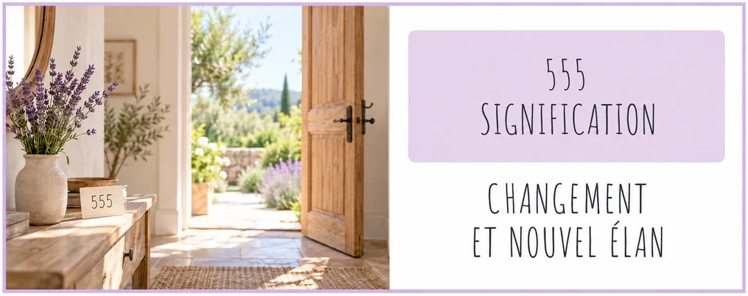 Porte ouverte vers un jardin et titre 555 signification dans un encart lavande