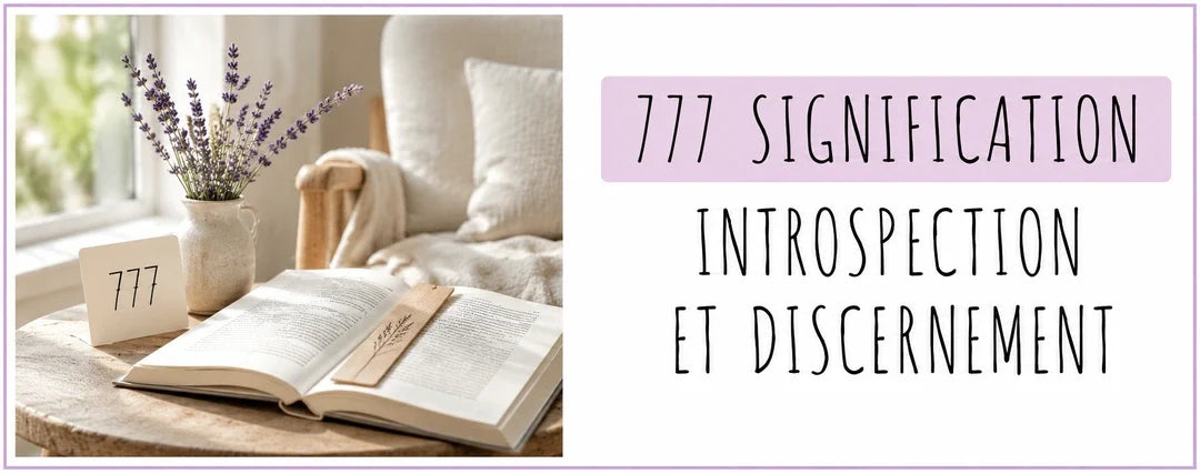 Coin lecture et titre 777 signification dans un encart lavande