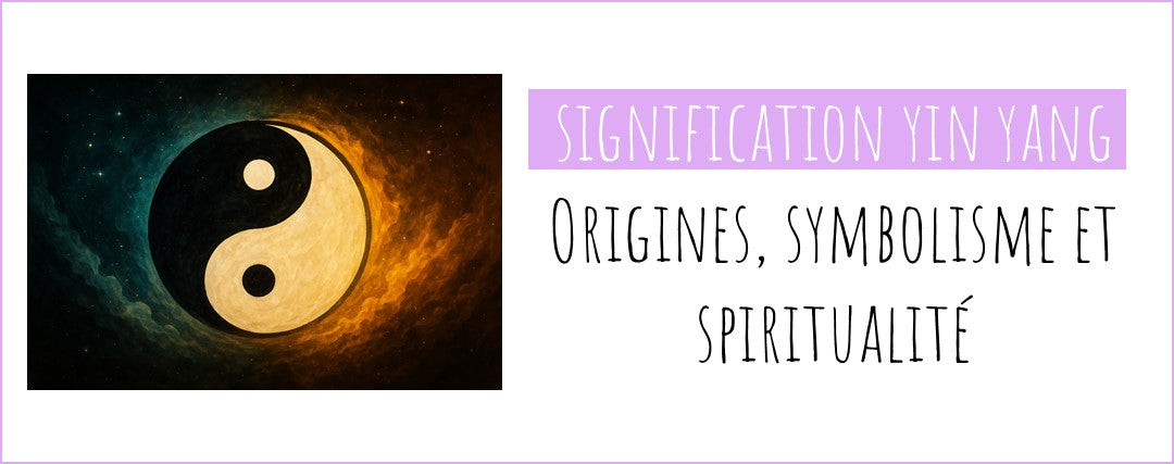 Illustration du symbole yin yang entouré de lumière sombre et claire, avec le titre "Signification Yin Yang : origines, symbolisme et spiritualité".