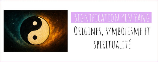 Illustration du symbole yin yang entouré de lumière sombre et claire, avec le titre "Signification Yin Yang : origines, symbolisme et spiritualité".