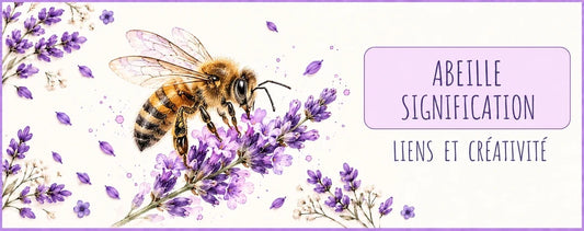Abeille sur une fleur de lavande et titre Abeille signification dans un encart rose