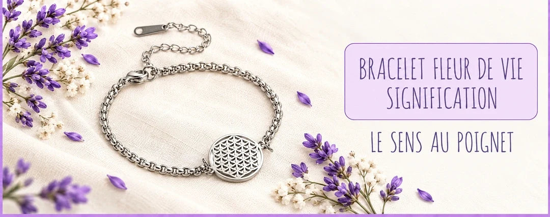 Bracelet Fleur de vie Sérénité argenté et titre Signification dans un encart rose