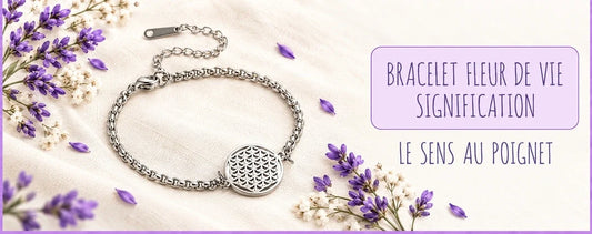 Bracelet Fleur de vie Sérénité argenté et titre Signification dans un encart rose