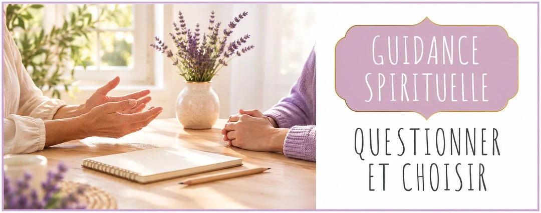 Conversation autour d'un carnet et titre Guidance spirituelle dans un encart lavande
