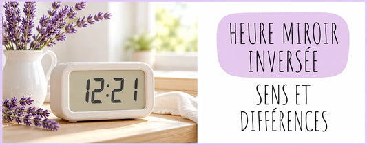 Réveil affichant 12:21 et titre Heure miroir inversée dans un encart lavande
