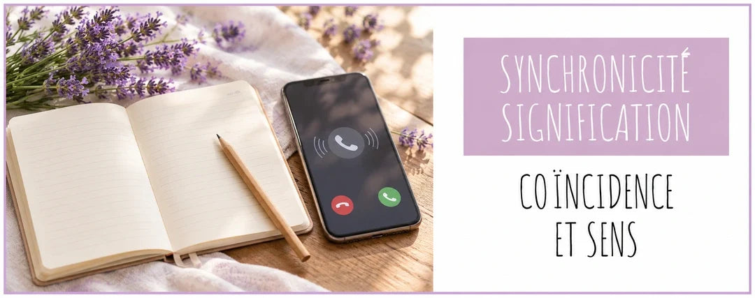 Carnet et appel sur un téléphone avec le titre Synchronicité signification dans un encart lavande