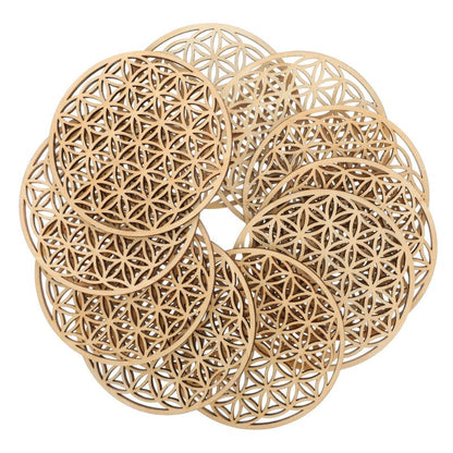 Lot de 10 sous verres fleur de vie en bois de 10cm