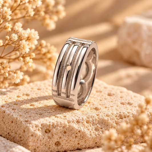 Bague Atlante argent aux motifs géométriques gravés, présentée debout sur une pierre naturelle beige dans une ambiance lumineuse.
