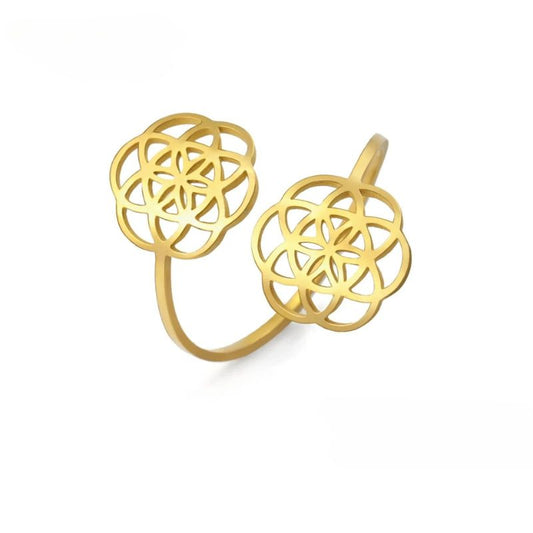 Bague Fleur de vie en Acier Inoxydable ajustable de couleur or