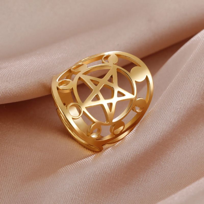 Bague Pentacle en acier inoxydable finition or