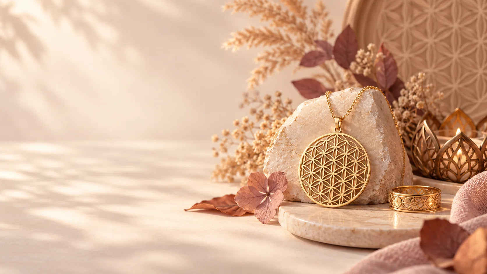 Bijou Fleur de Vie doré dans un univers de géométrie sacrée – boutique Ma Fleur de Vie