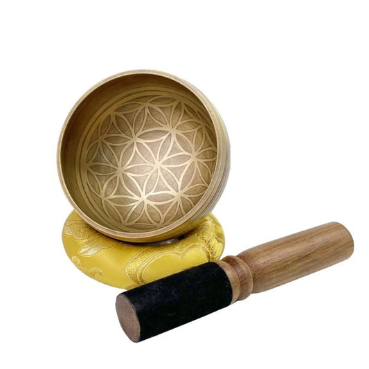 Bol Tibétain Chantant Fleur de vie en 7 métaux avec maillet en bois et coussin jaune, 8 cm de diamètre.