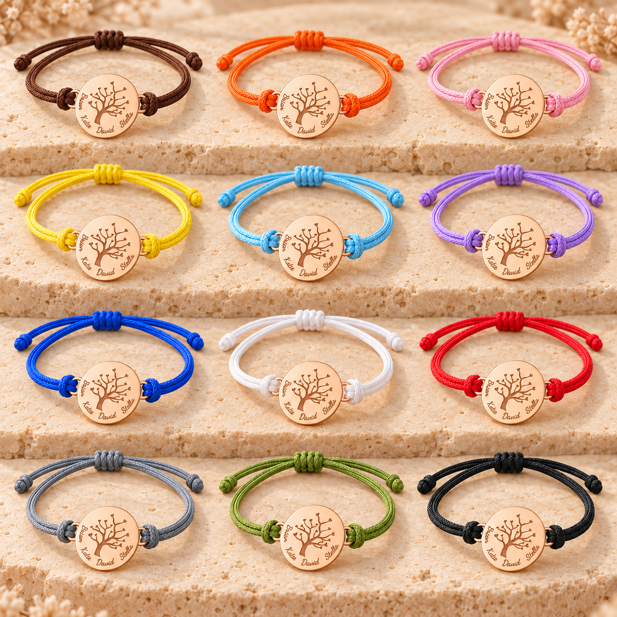 Présentation des différentes couleurs de cordon du bracelet arbre de vie personnalisé avec médaille gravée et fermeture ajustable.