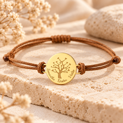Bracelet arbre de vie personnalisé doré posé sur une pierre naturelle beige dans une ambiance élégante et chaleureuse
