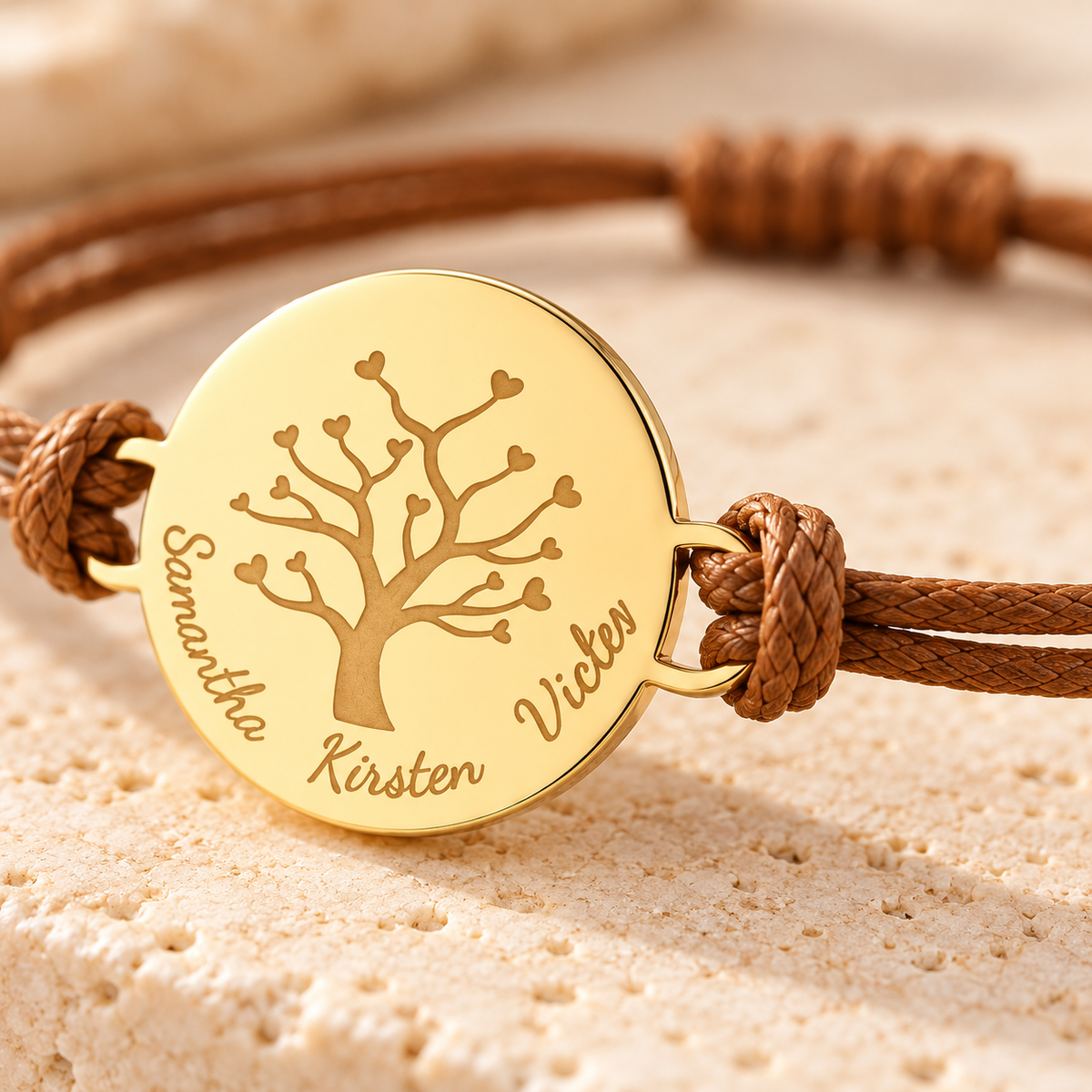 Bracelet arbre de vie personnalisé en finition dorée, avec cordon marron et système de fermeture ajustable