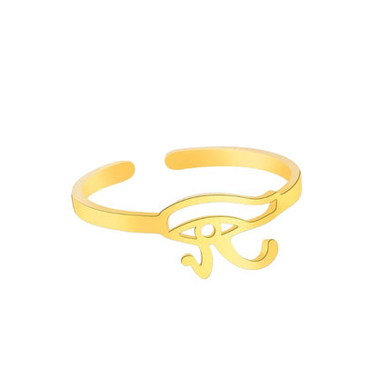 Bracelet Oeil d'Horus en or avec ouverture ajustable, affichant un design minimaliste et protecteur, inspiré de l'héritage égyptien.
