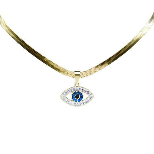 Collier Oeil Protecteur en or avec pendentif incrusté de strass et pierre bleue centrale. Bijou mystique inspiré du mauvais œil pour une protection énergétique et un style élégant.