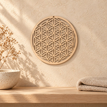 Fleur de vie murale en bois de 14 cm dans un intérieur zen
