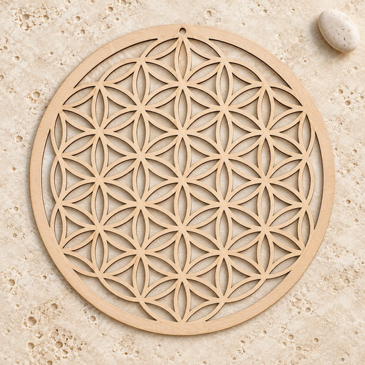 Fleur de vie murale en bois de 14 cm sur fond travertin