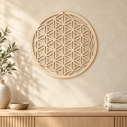 Fleur de vie murale en bois de 30,5 cm dans un intérieur zen