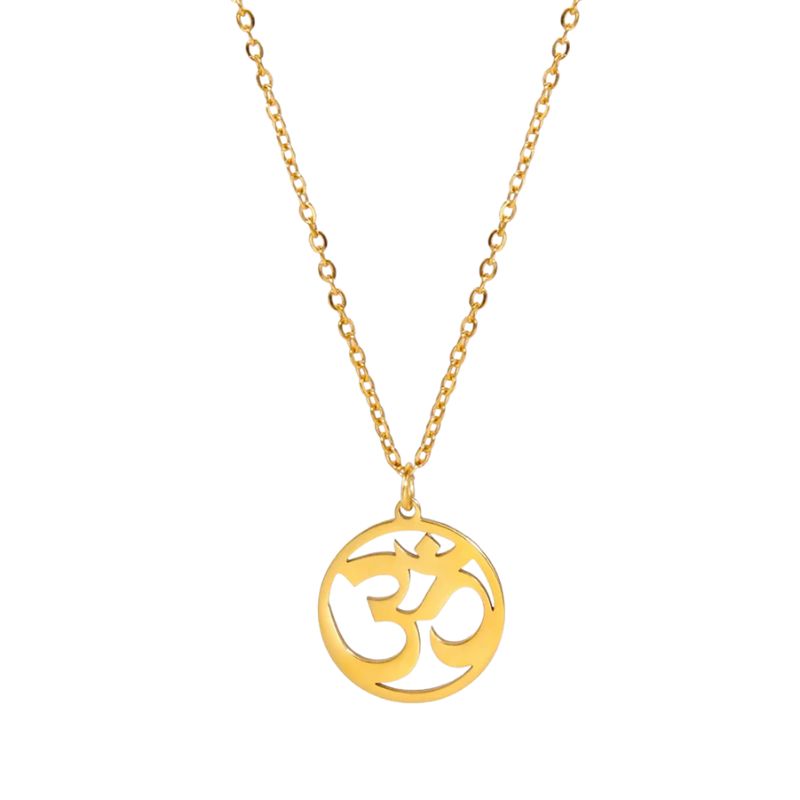 Pendentif Aum en or, symbole sacré hindou et bouddhiste, suspendu à une chaîne fine, idéal pour une touche élégante.