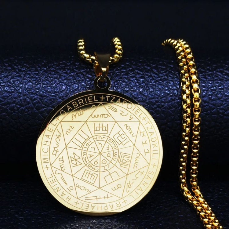 pendentif sceau des 7 archanges en acier inoxydable finition or avec chaine ajustable