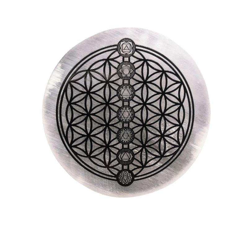 Plaque Sélénite de Recharge avec motif noir Fleur de vie 7 chakras