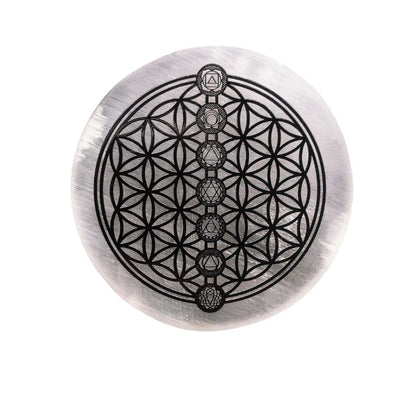 Plaque Sélénite de Recharge avec motif noir Fleur de vie 7 chakras