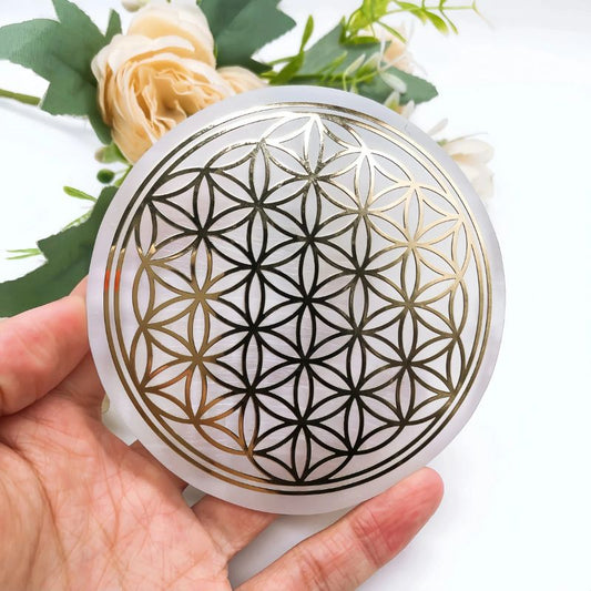 Plateau Sélénite de Rechargement avec motif Fleur de vie en Or de 10cm
