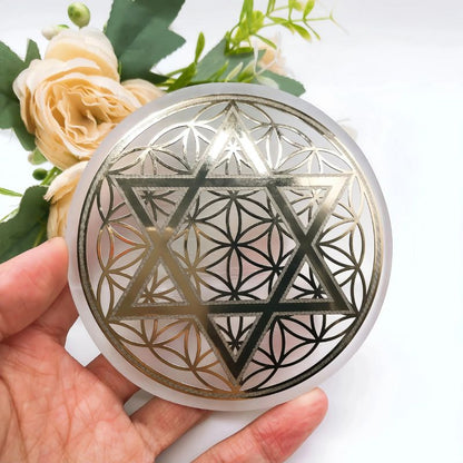 Plateau en Sélénite de Rechargement Fleur de Vie dorée de 10 cm avec motif étoile de David