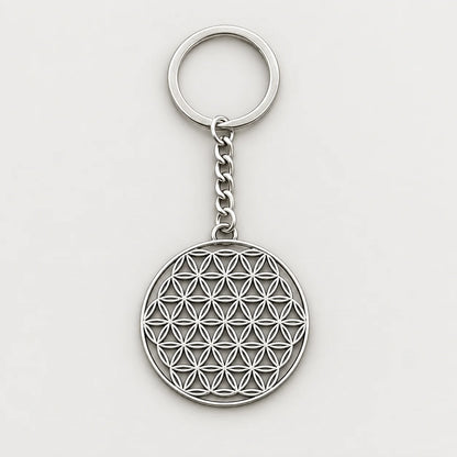 Porte-clé fleur de vie argenté entier sur fond gris clair