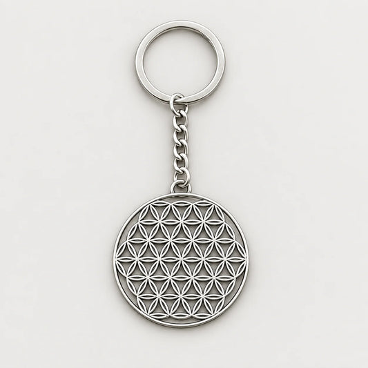 Porte-clé fleur de vie argenté entier sur fond gris clair
