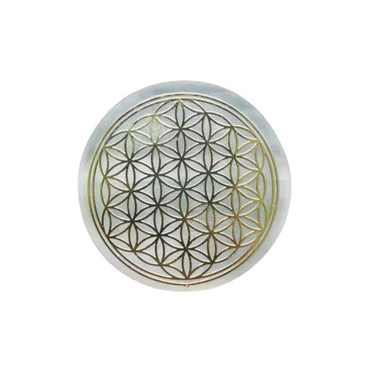 Plaque Sélénite Fleur de vie Or - 6cm