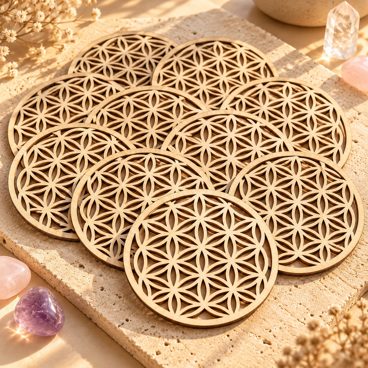 Lot de 10 sous-verres Fleur de Vie en bois naturel, présentés sur une pierre beige dans une ambiance chaleureuse et raffinée.