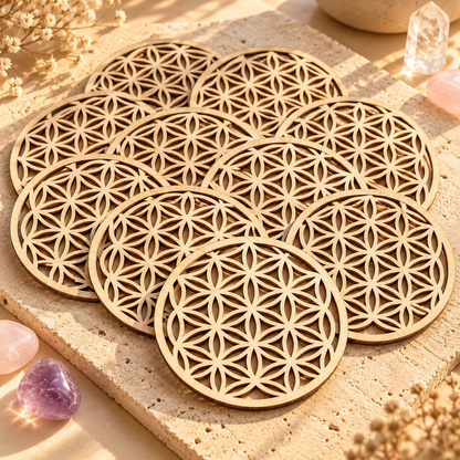 Lot de 10 sous-verres Fleur de Vie en bois naturel, présentés sur une pierre beige dans une ambiance chaleureuse et raffinée.