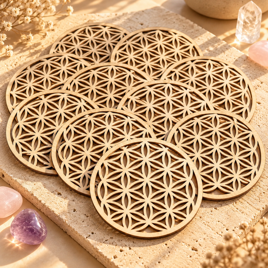 Lot de 10 sous-verres Fleur de Vie en bois naturel, présentés sur une pierre beige dans une ambiance chaleureuse et raffinée.