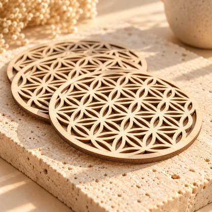 Deux sous-verres Fleur de Vie en bois naturel superposés sur une pierre beige, montrant leur motif ajouré et leur épaisseur.